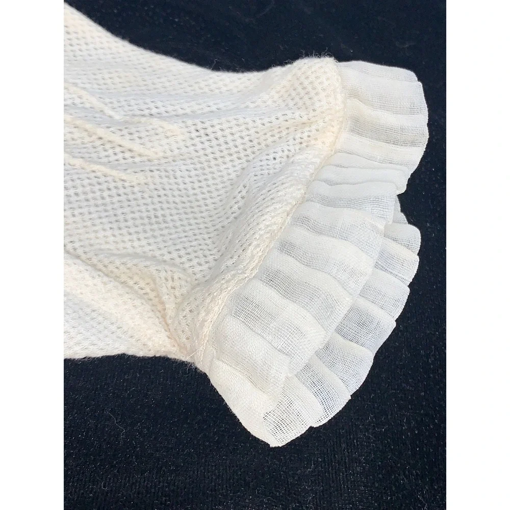 Vintage 1950s Ivory Mesh Crochet Gloves Sheer Ruffle Cuffs Tea Party Church